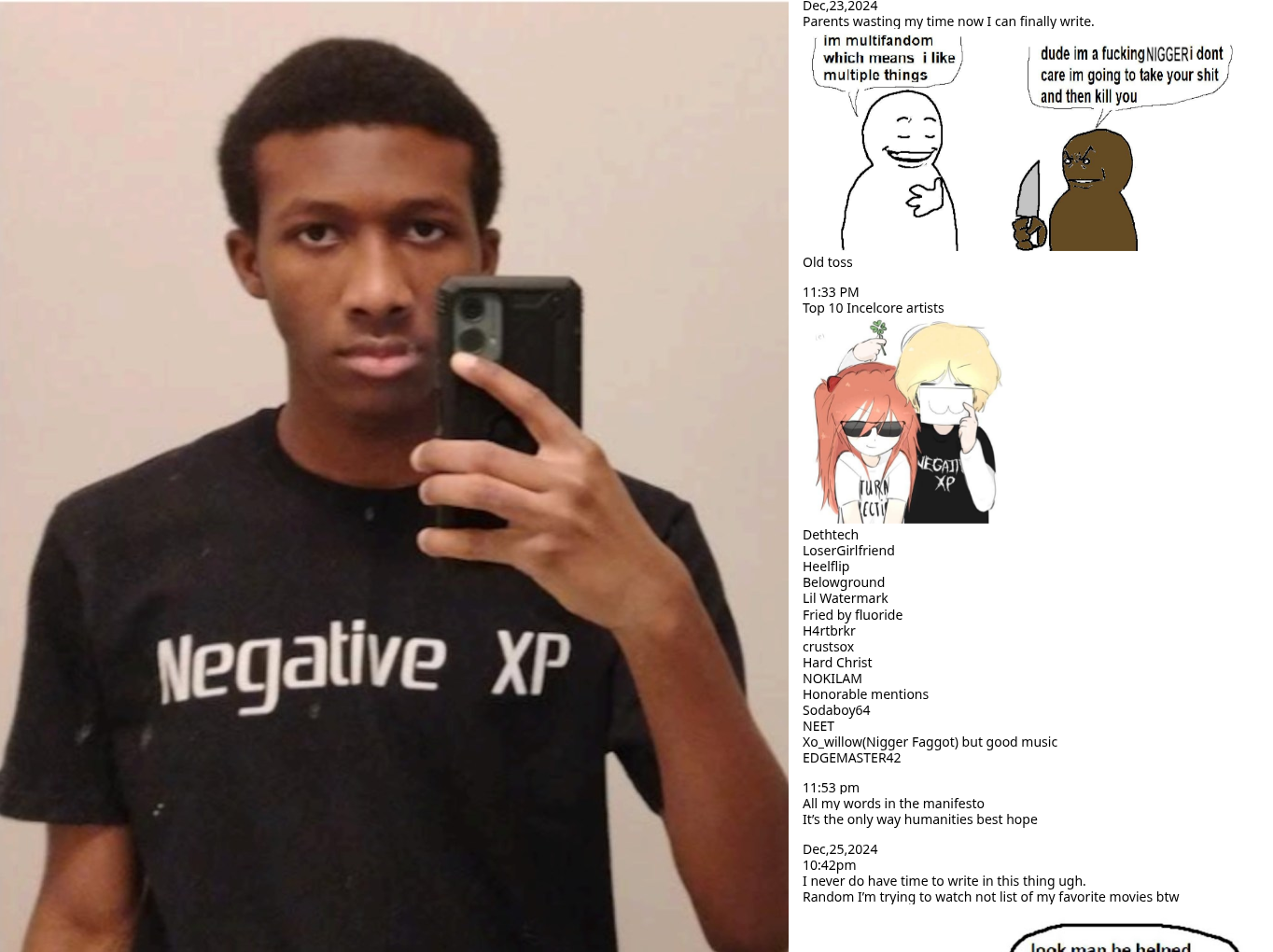 ▲Negative XPのTシャツを着たソロモン・ヘンダーソンと日記の一部 ヘンダーソンはアバンダント・ライフ・クリスチャンスクール銃乱射事件を起こしたナタリー・ラプノウの自撮り写真を真似している